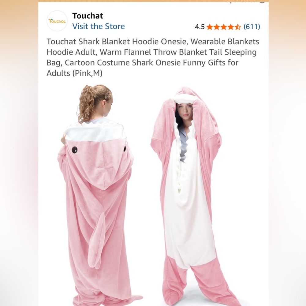 Pink Shark Hoodie Blanket Onesie - Wearable Flannel Throw